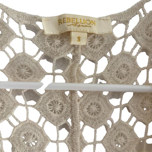 Crochet Lace Open Front Cardigan Kimono Fringe Overcoat Small Cream Western Boho - Picture 7 of 9